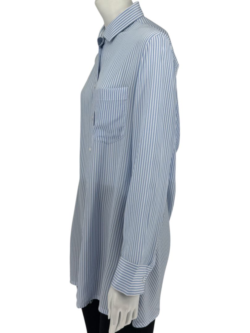 Valentino Blue & White Striped Silk Blouse with Draped Back – Size US 8