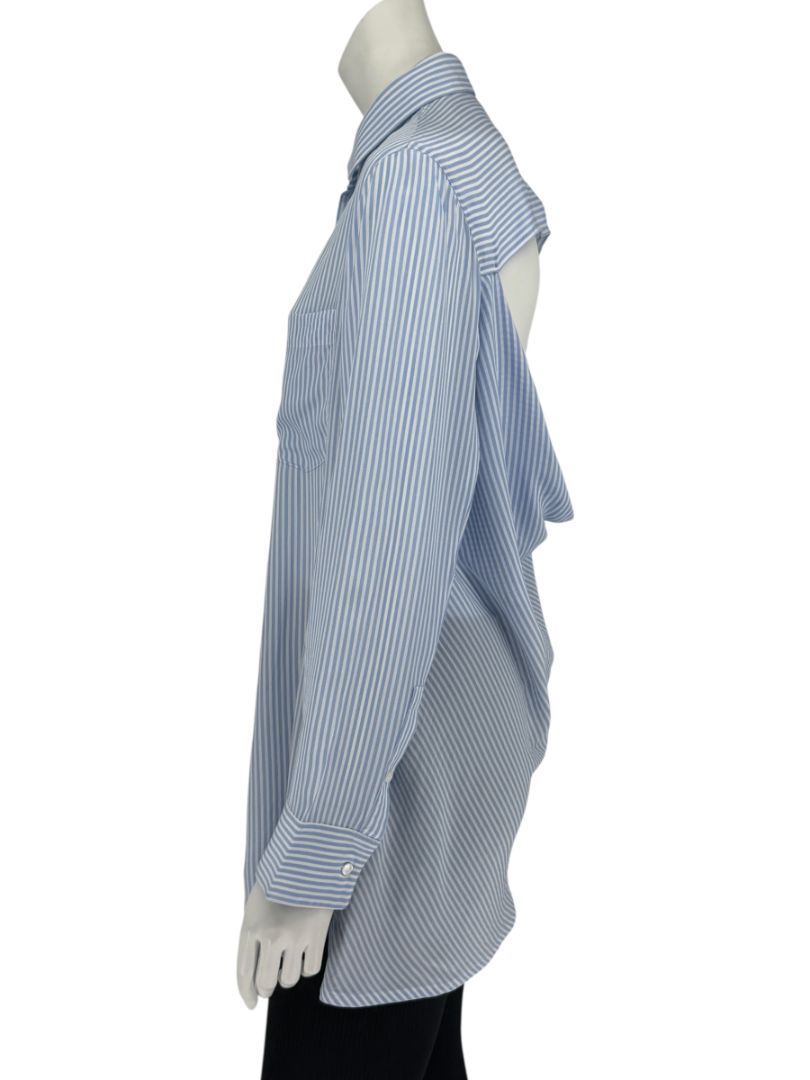 Valentino Blue & White Striped Silk Blouse with Draped Back – Size US 8