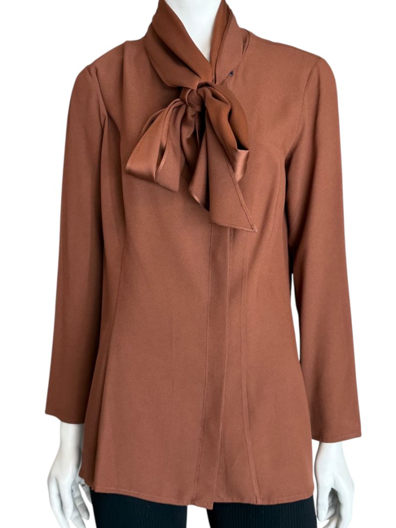 Pamella Roland Rust Silk Crepe Tie-Neck Blouse – Large