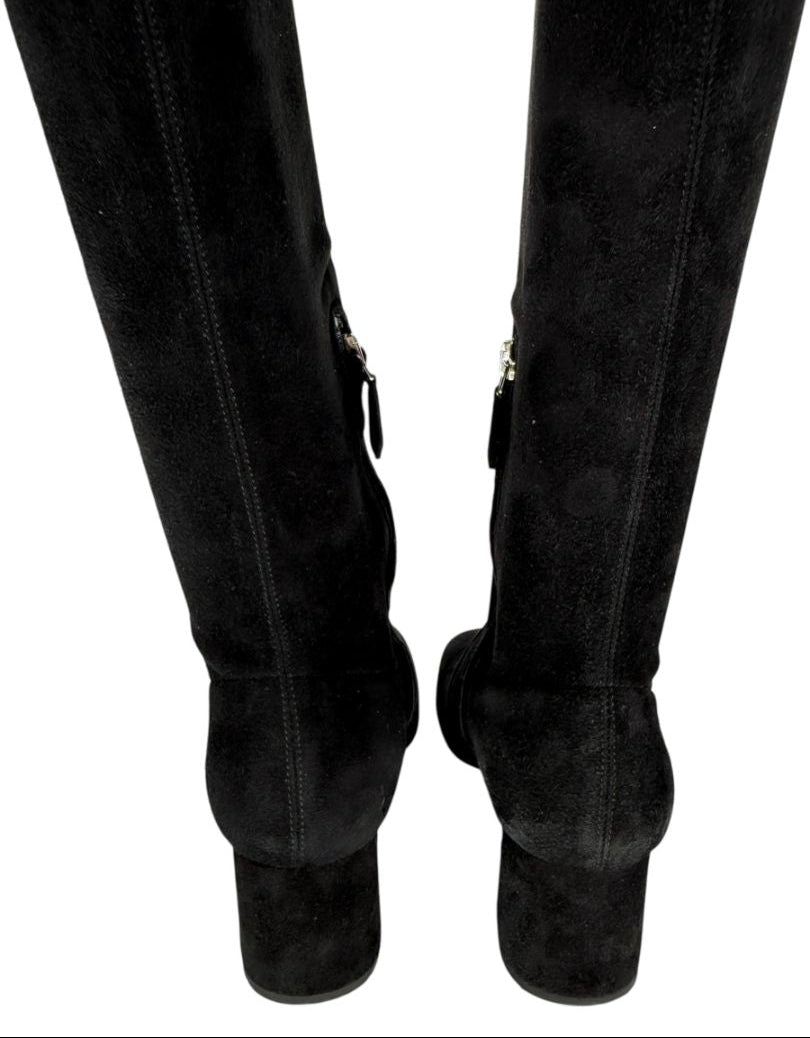 Prada Black Suede Block Heel Knee Boots – Size 39
