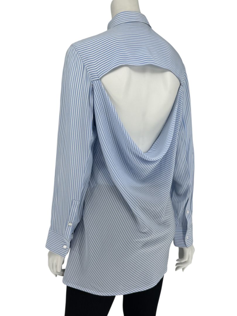 Valentino Blue & White Striped Silk Blouse with Draped Back – Size US 8