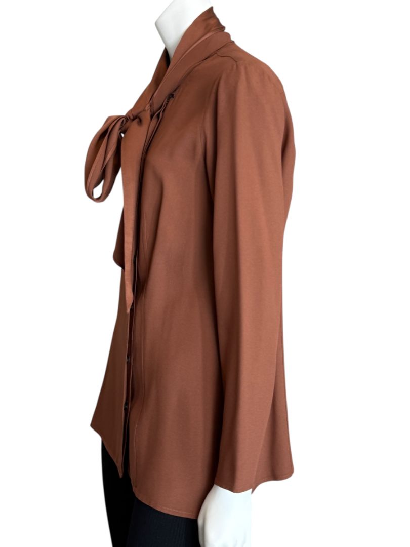 Pamella Roland Rust Silk Crepe Tie-Neck Blouse – Large