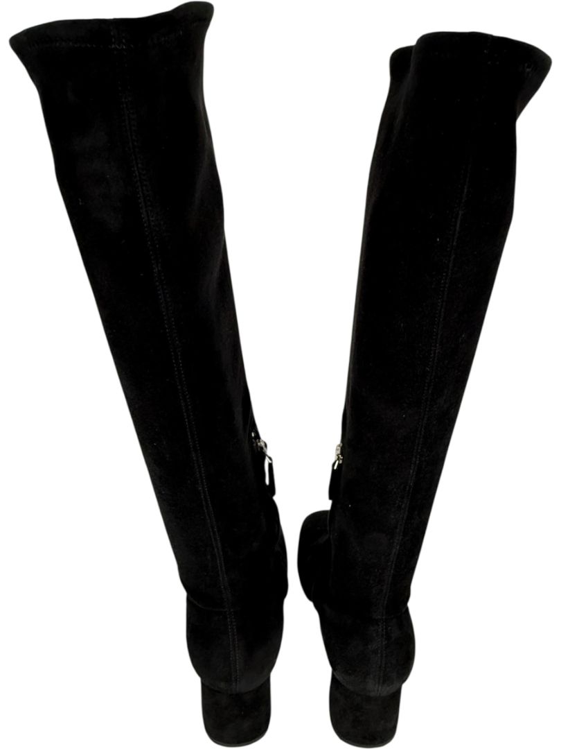 Prada Black Suede Block Heel Knee Boots – Size 39