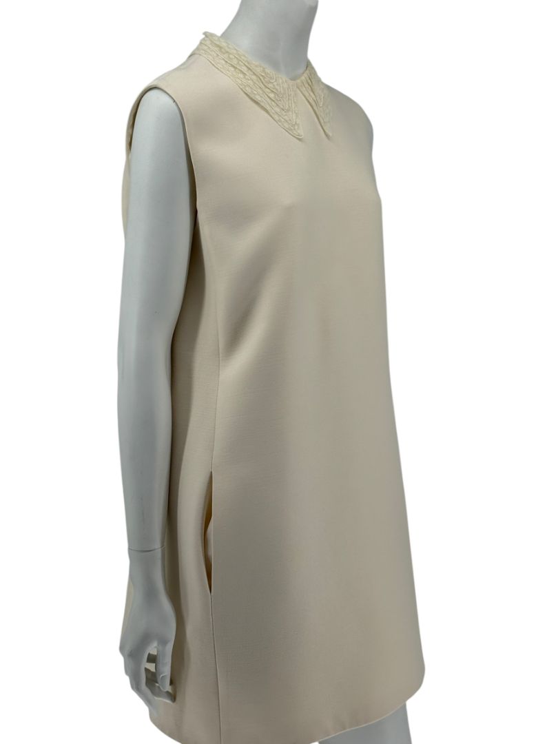 Christian Dior Ivory Wool Silk Blend Crepe Shift Mini Dress- Collared, Sleeveless Size 42/10