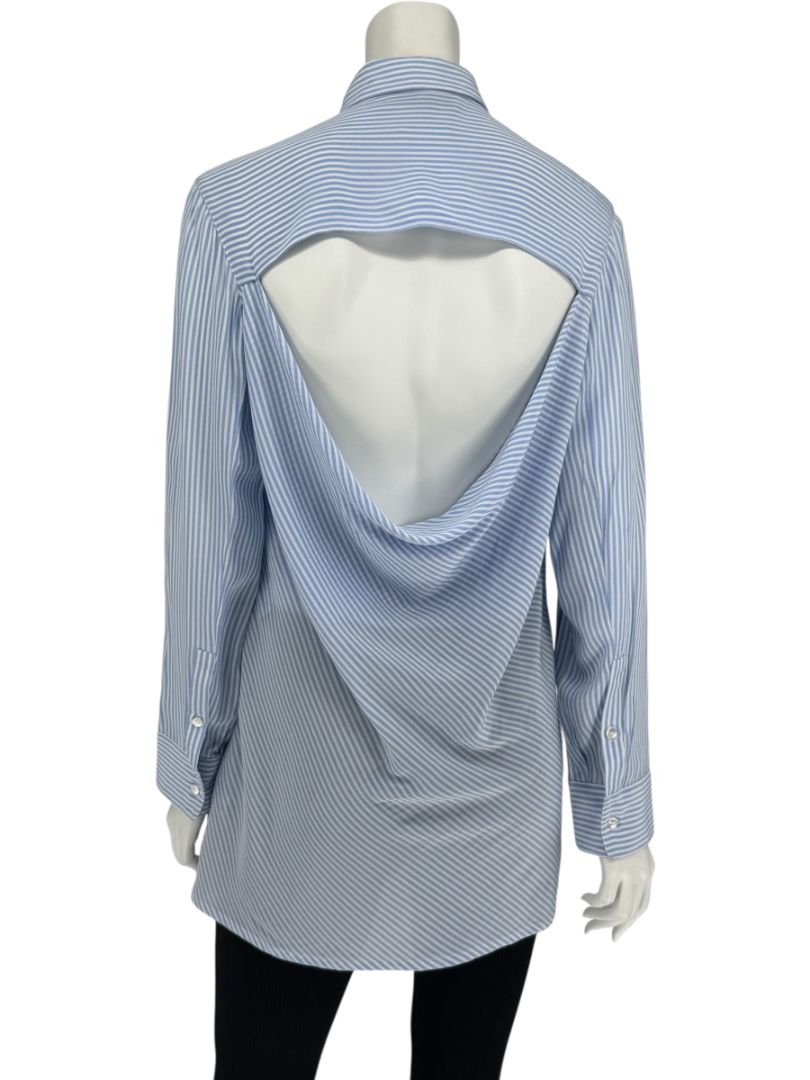 Valentino Blue & White Striped Silk Blouse with Draped Back – Size US 8