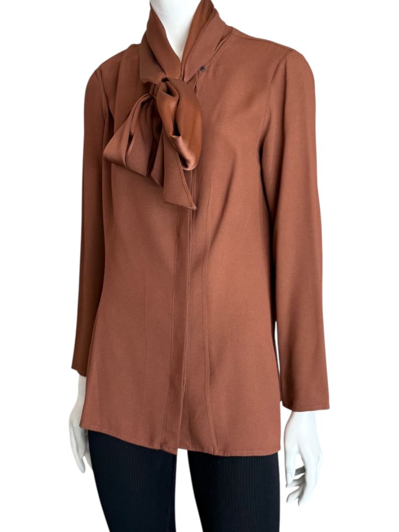 Pamella Roland Rust Silk Crepe Tie-Neck Blouse – Large