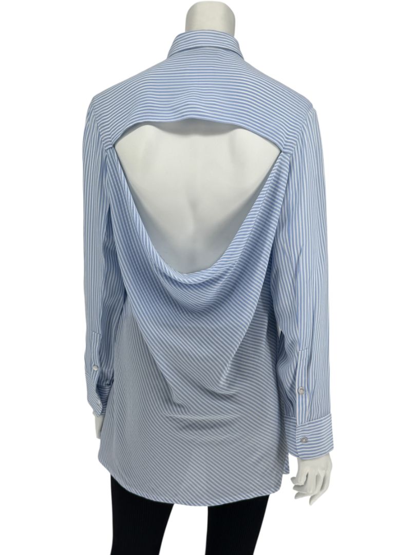 Valentino Blue & White Striped Silk Blouse with Draped Back – Size US 8