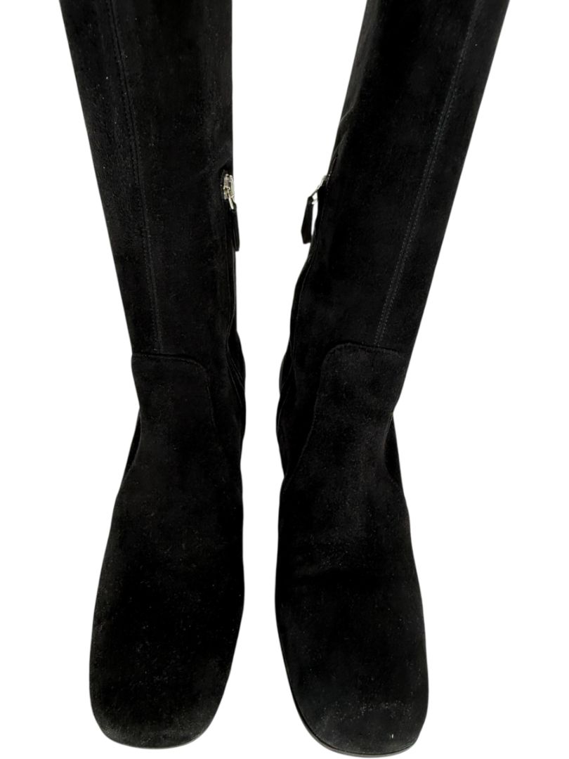 Prada Black Suede Block Heel Knee Boots – Size 39