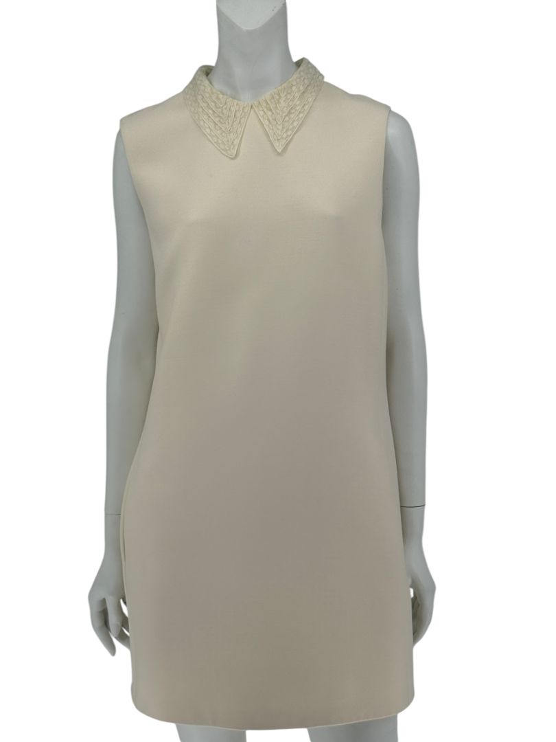 Christian Dior Ivory Wool Silk Blend Crepe Shift Mini Dress- Collared, Sleeveless Size 42/10