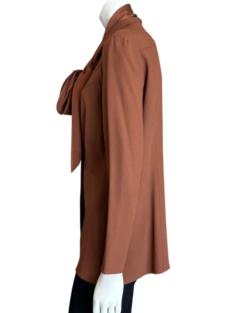 Pamella Roland Rust Silk Crepe Tie-Neck Blouse – Large