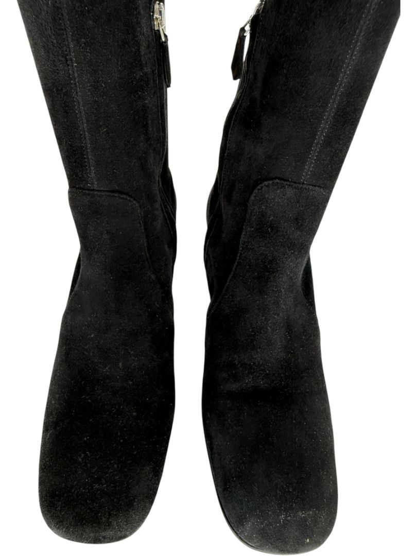 Prada Black Suede Block Heel Knee Boots – Size 39
