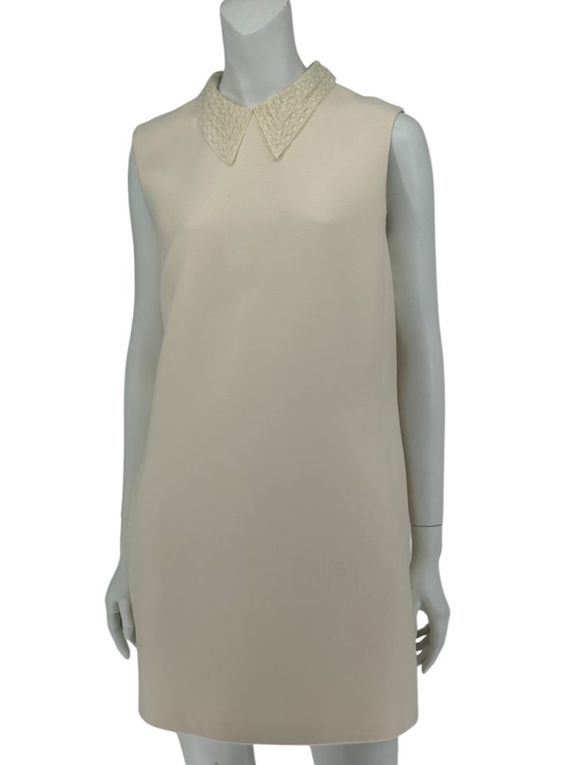 Christian Dior Ivory Wool Silk Blend Crepe Shift Mini Dress- Collared, Sleeveless Size 42/10
