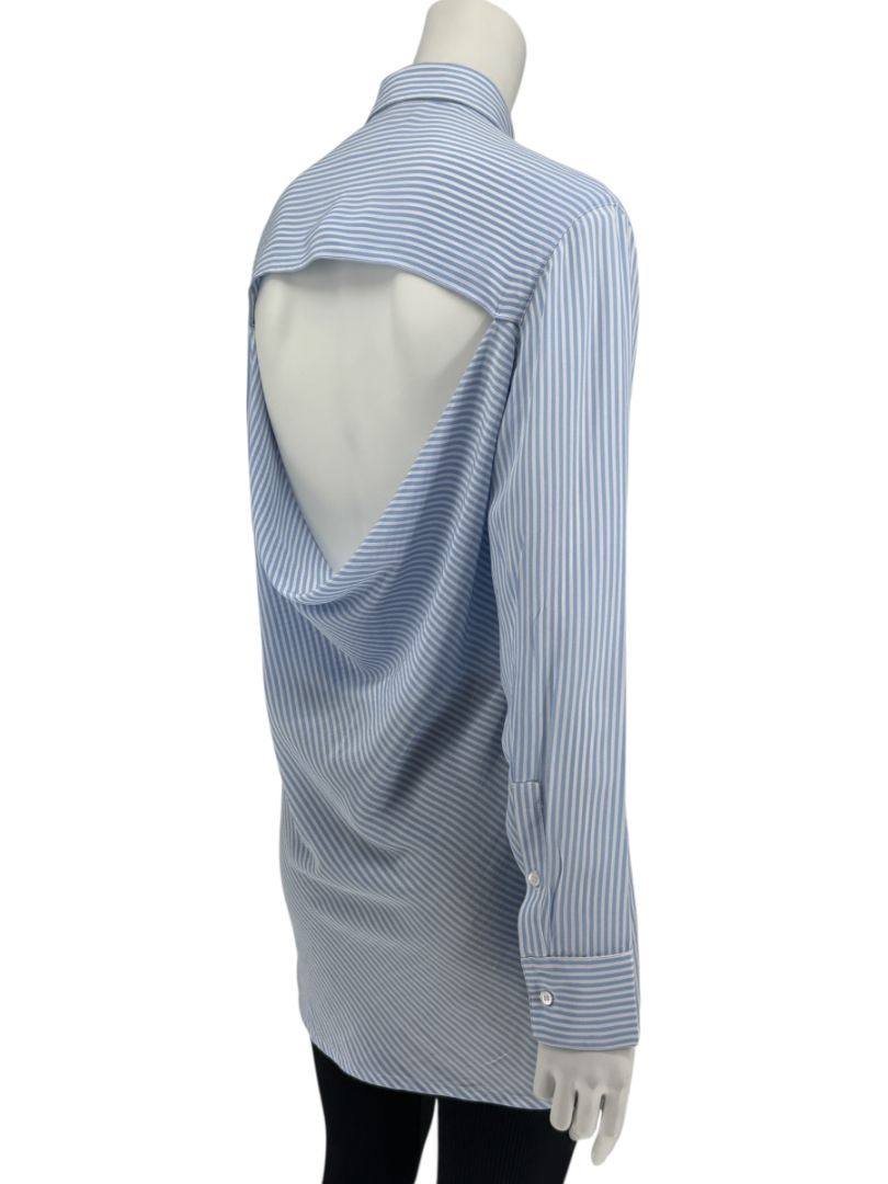 Valentino Blue & White Striped Silk Blouse with Draped Back – Size US 8