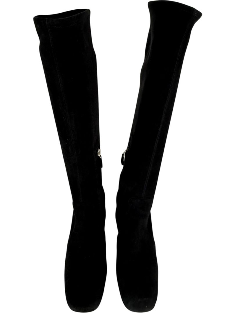 Prada Black Suede Block Heel Knee Boots – Size 39