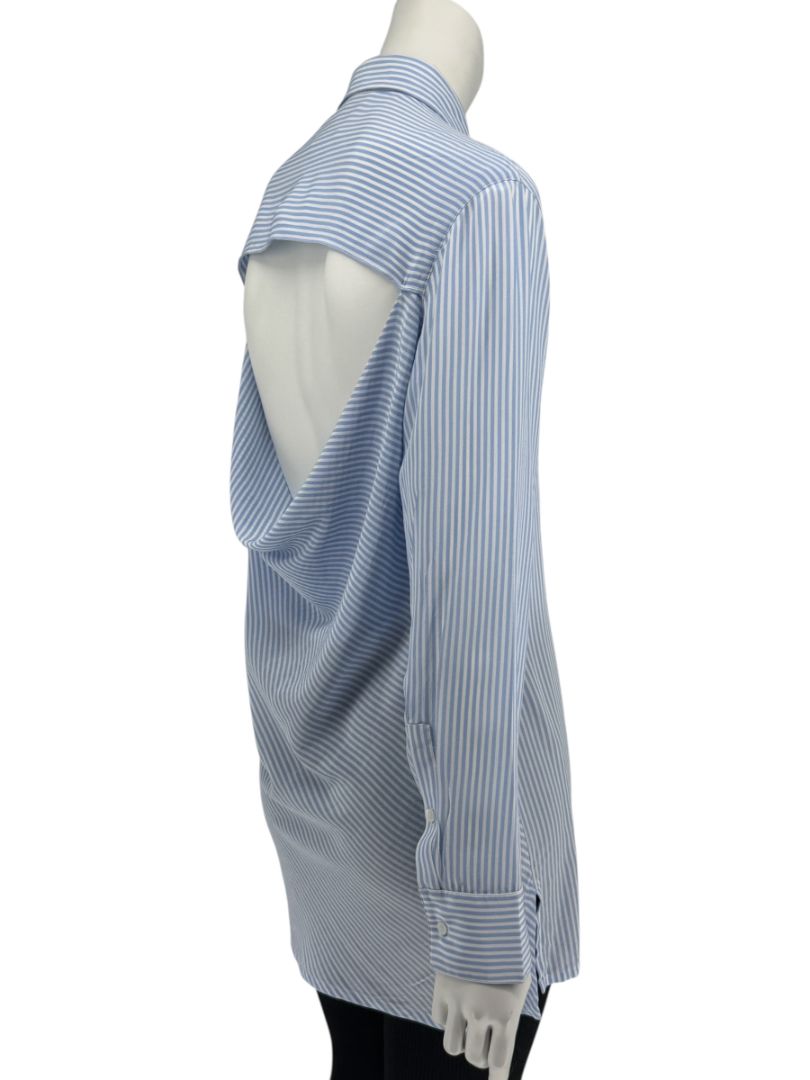 Valentino Blue & White Striped Silk Blouse with Draped Back – Size US 8
