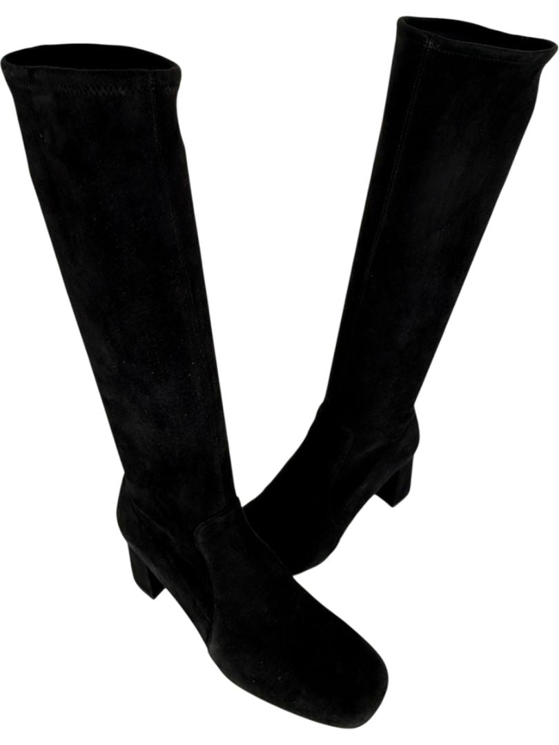 Prada Black Suede Block Heel Knee Boots – Size 39