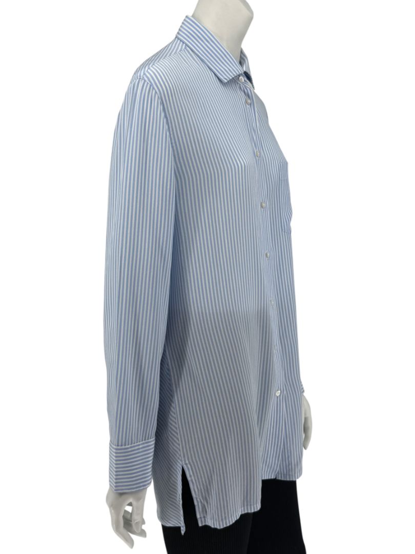 Valentino Blue & White Striped Silk Blouse with Draped Back – Size US 8
