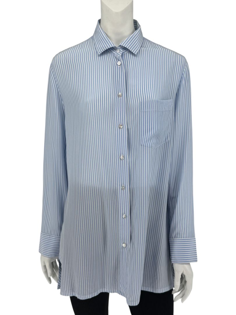 Valentino Blue & White Striped Silk Blouse with Draped Back – Size US 8