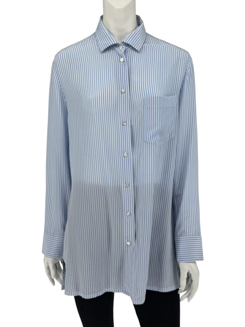 Valentino Blue & White Striped Silk Blouse with Draped Back – Size US 8