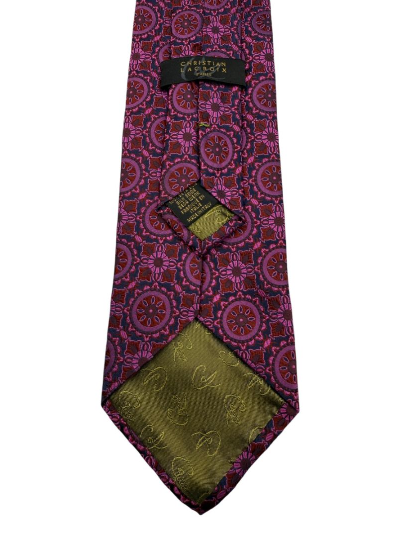 Christian Lacroix Paris Silk Necktie in Fuchsia & Plum Medallion Pattern – Excellent Pre-Owned Condition