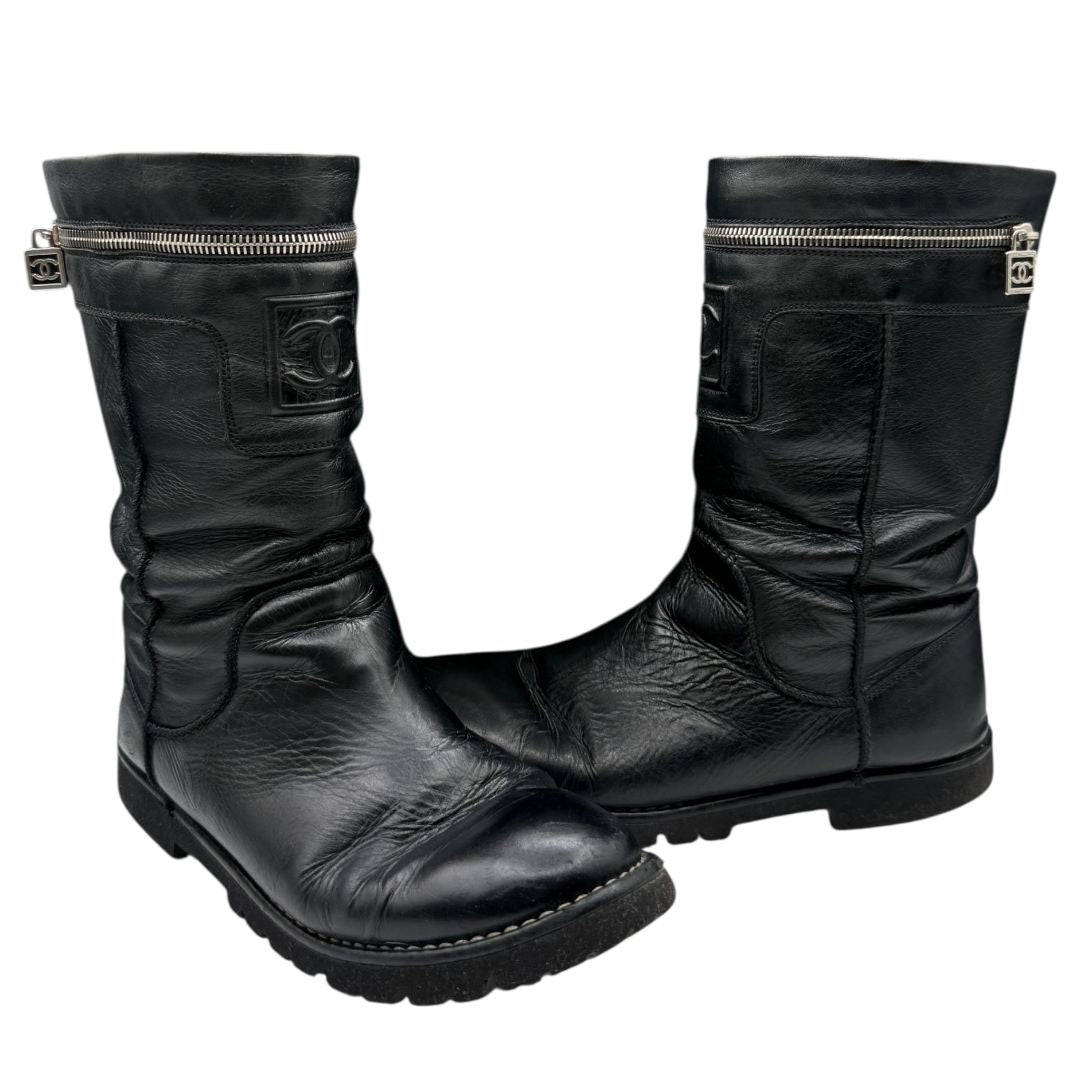 Chanel Leather Mid-Calf Moto Boots – Size 40.5
