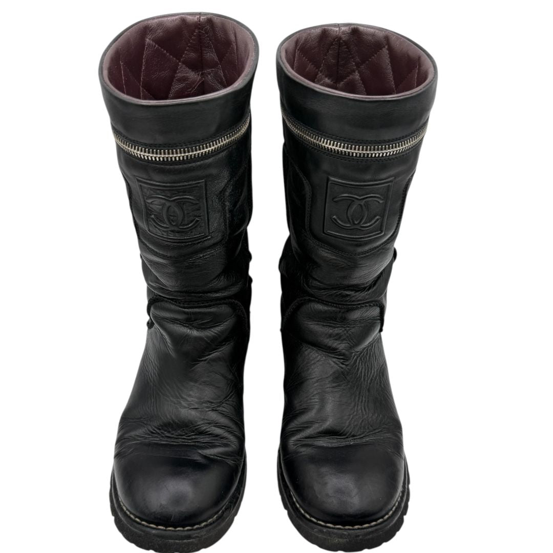 Chanel Leather Mid-Calf Moto Boots – Size 40.5