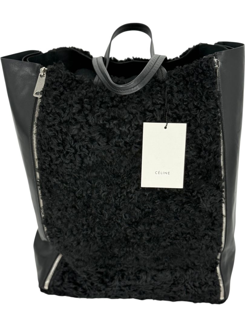 Céline Vertical Gusset Cabas Tote – Black Shearling & Lambskin