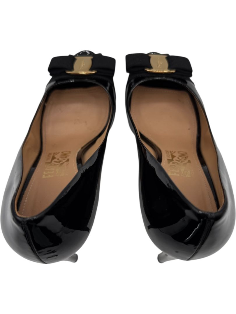 Salvatore Ferragamo Black Patent Leather Peep Toe Pumps – Size 8.5B