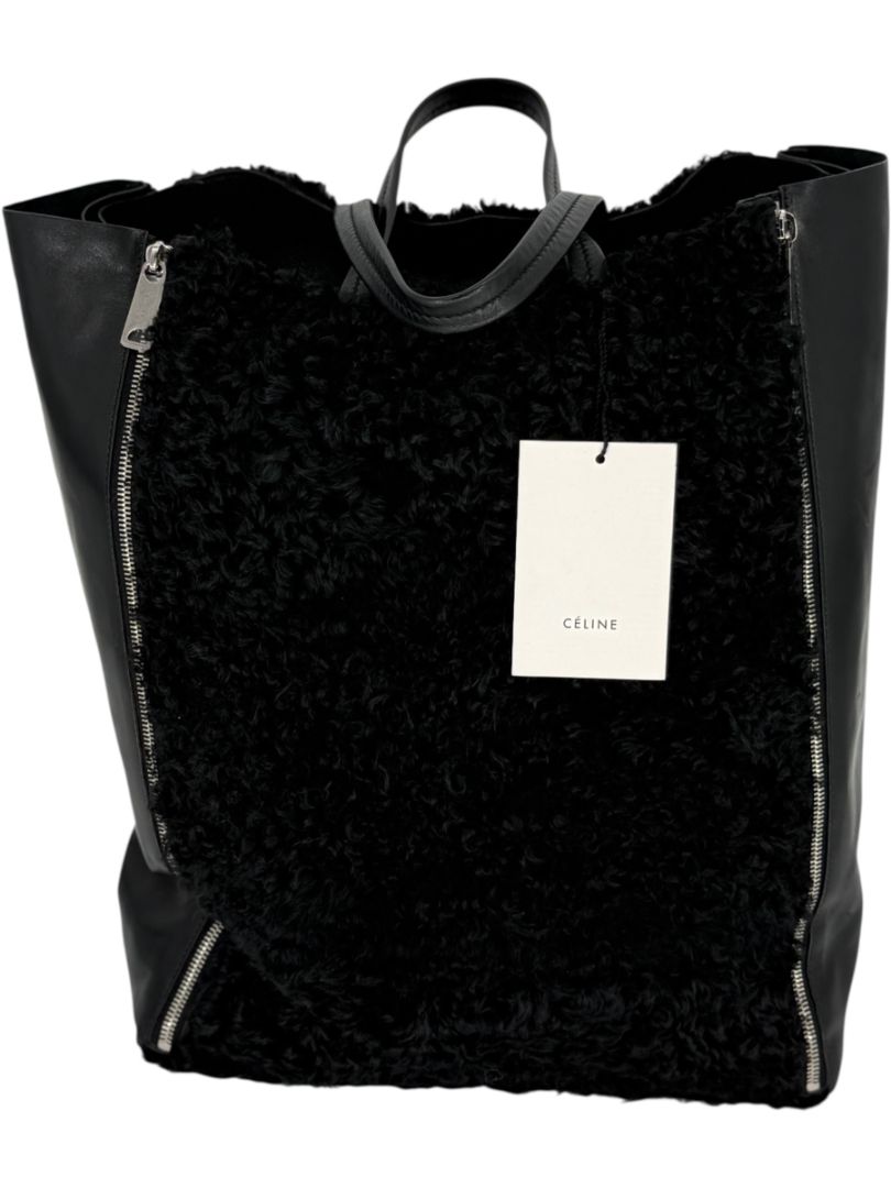Céline Vertical Gusset Cabas Tote – Black Shearling & Lambskin