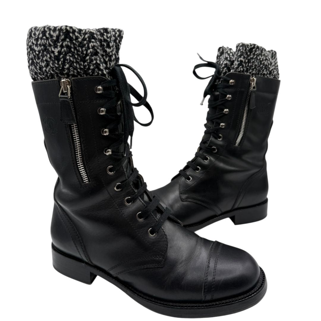 Chanel Black Leather Combat Boots with Knit Cuff – Size 41.5