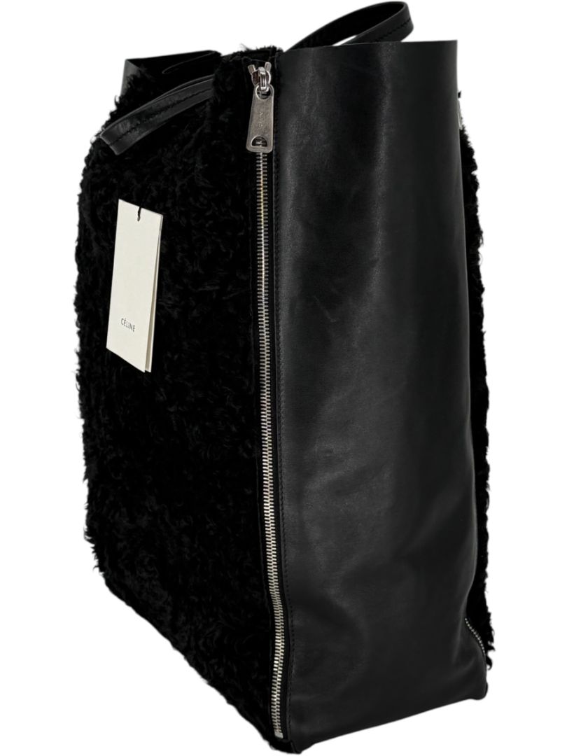 Céline Vertical Gusset Cabas Tote – Black Shearling & Lambskin