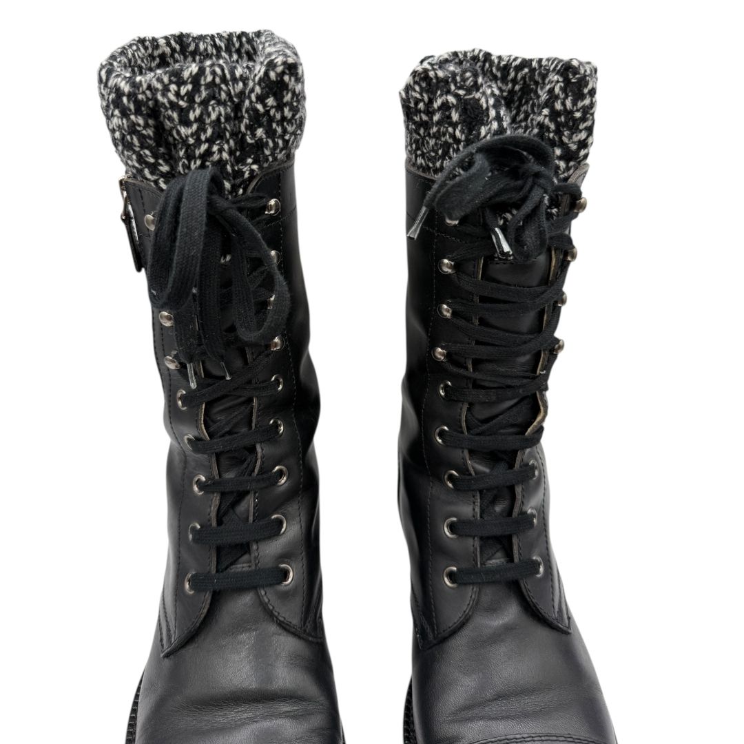 Chanel Black Leather Combat Boots with Knit Cuff – Size 41.5