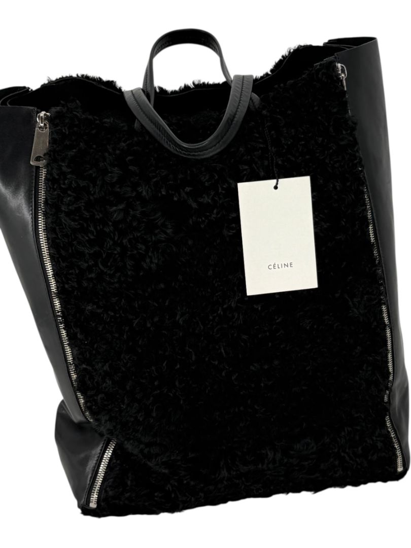 Céline Vertical Gusset Cabas Tote – Black Shearling & Lambskin