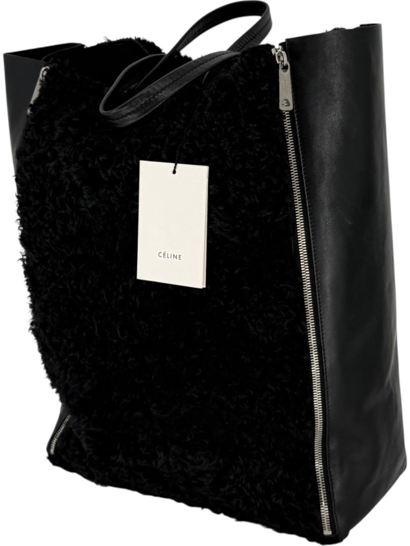 Céline Vertical Gusset Cabas Tote – Black Shearling & Lambskin