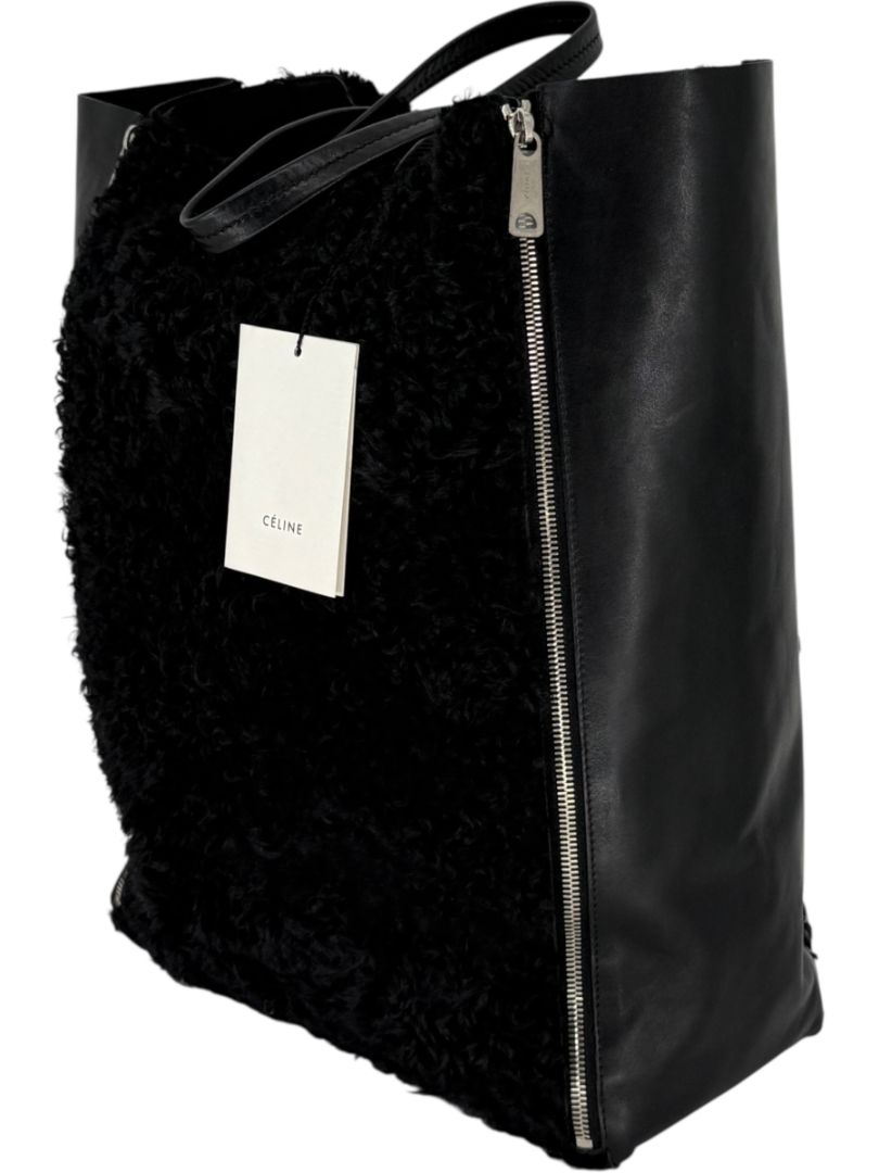 Céline Vertical Gusset Cabas Tote – Black Shearling & Lambskin