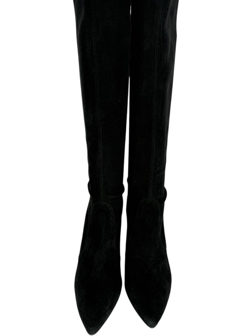 Stuart Weitzman Black Suede Knee-High Heeled Boots – Size 8.5M