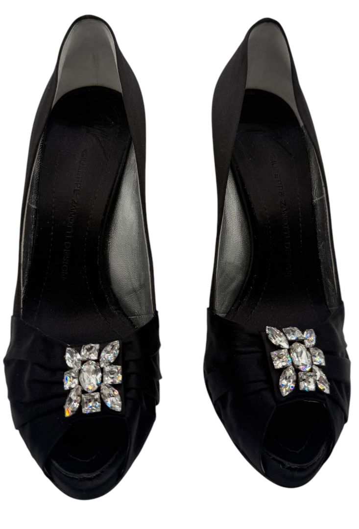 Giuseppe Zanotti Black Satin Crystal Embellished Peep-Toe Heels – Size 41