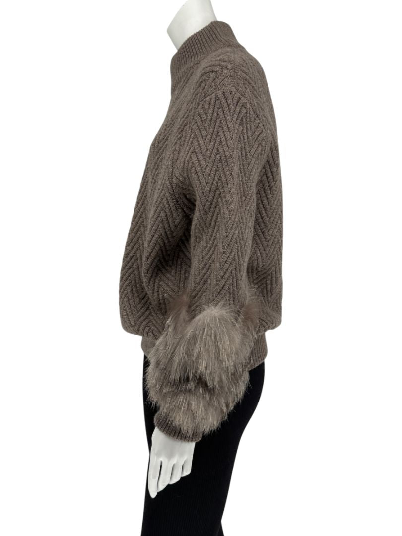 Agnona Taupe Chevron Cashmere Sweater with Fox Fur Cuffs – Size M