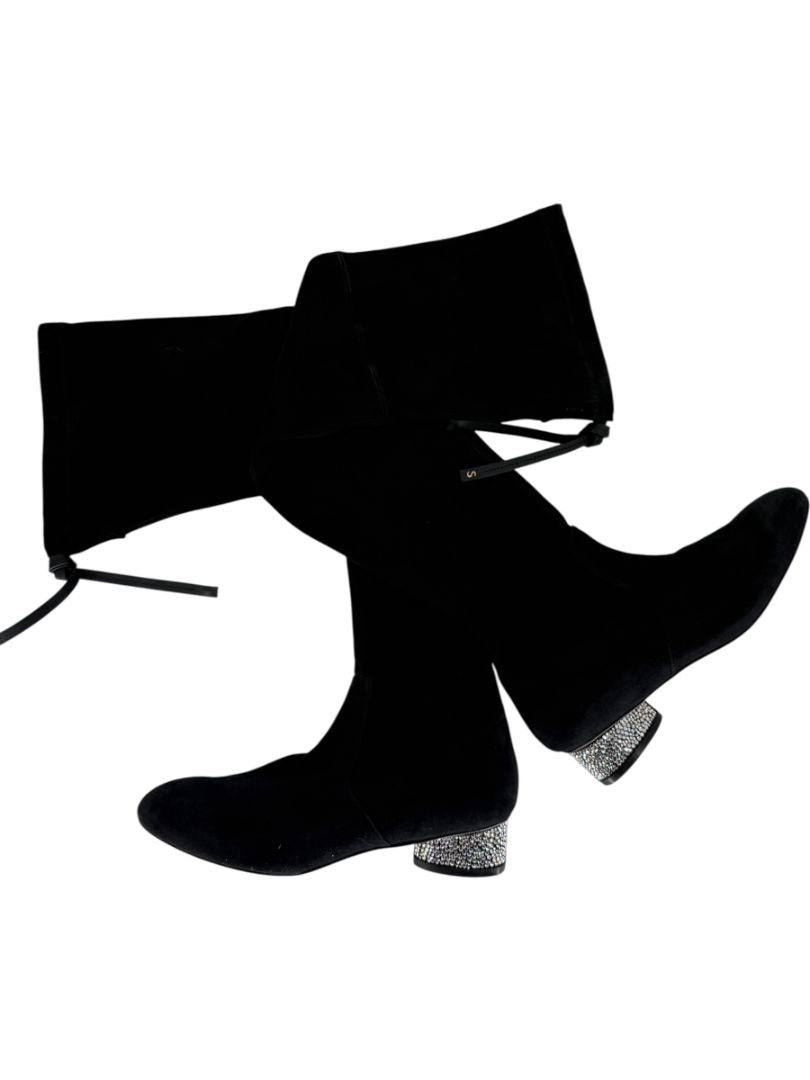 Stuart Weitzman Black Velvet Crystal Heel Over-the-Knee Boots – Size 9