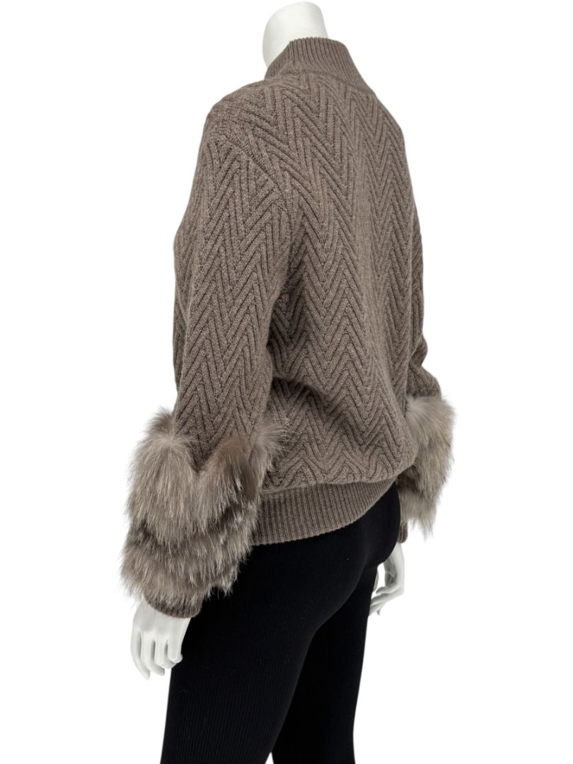 Agnona Taupe Chevron Cashmere Sweater with Fox Fur Cuffs – Size M