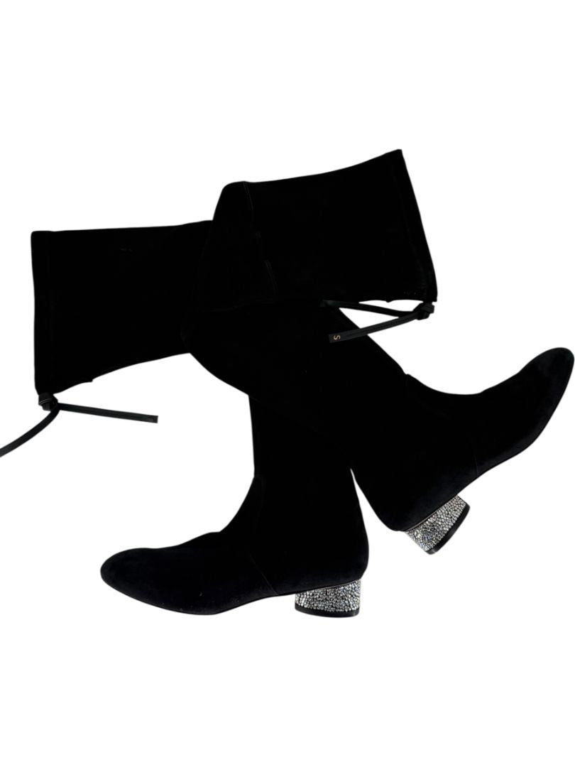 Stuart Weitzman Black Velvet Crystal Heel Over-the-Knee Boots – Size 9