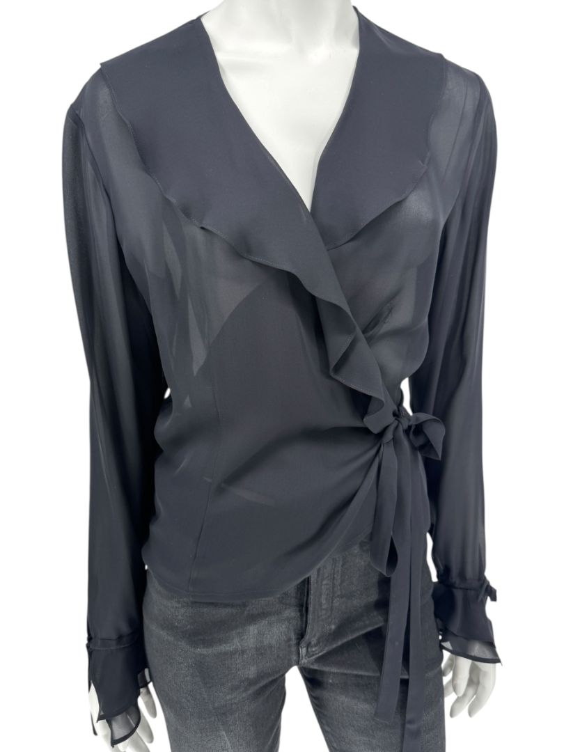 Ron Leal Black Sheer Wrap Blouse – Size 6 US / 42 IT