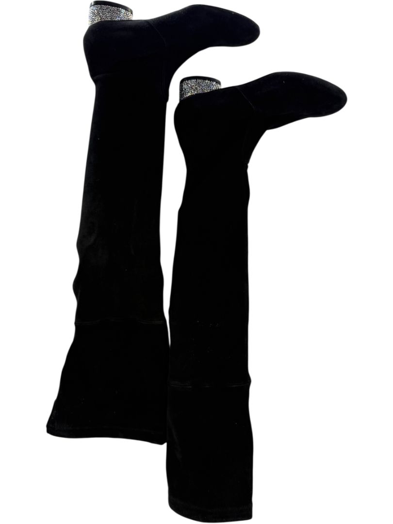 Stuart Weitzman Black Velvet Crystal Heel Over-the-Knee Boots – Size 9