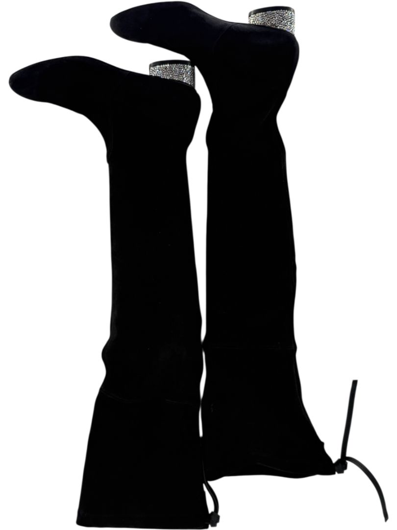 Stuart Weitzman Black Velvet Crystal Heel Over-the-Knee Boots – Size 9