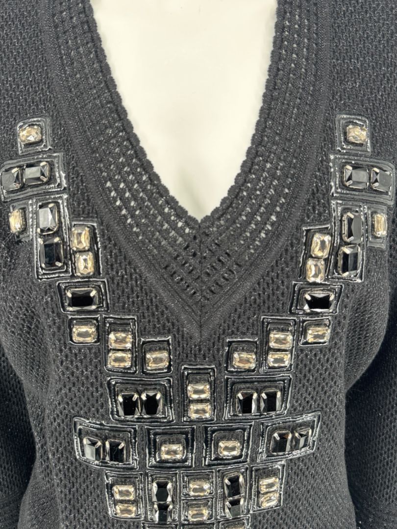 Carolina Herrera Black Embellished Open-Knit V-Neck Sweater – Size XL