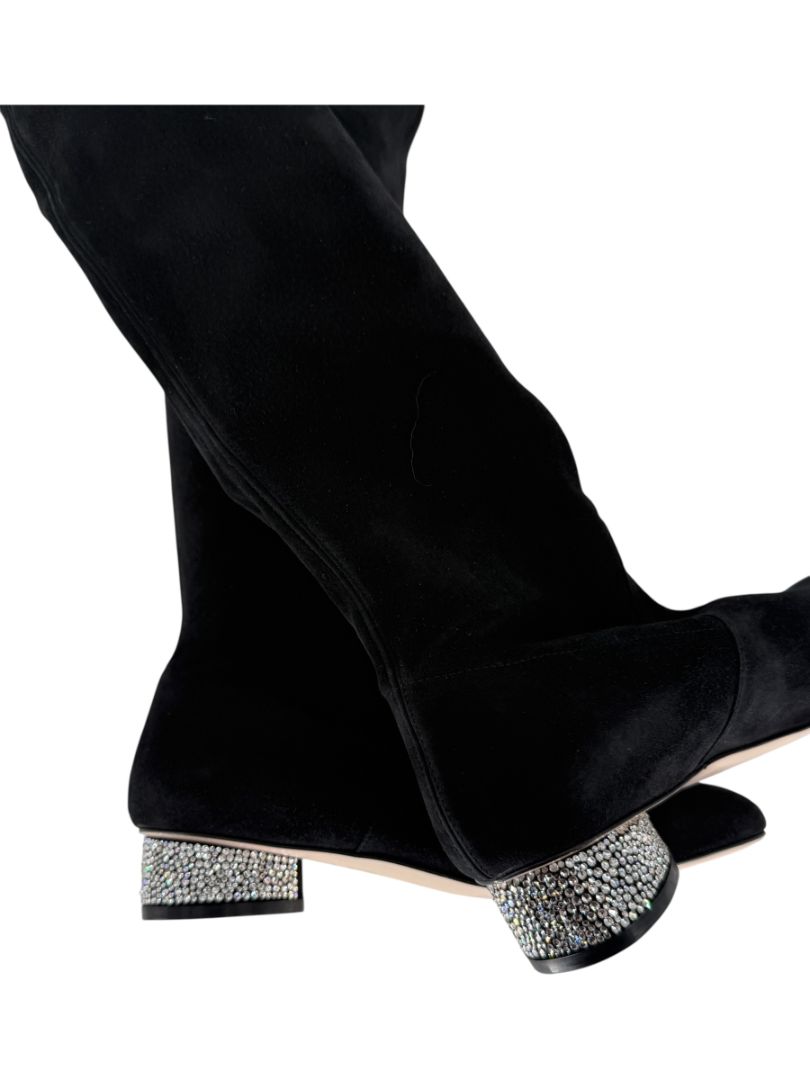 Stuart Weitzman Black Velvet Crystal Heel Over-the-Knee Boots – Size 9