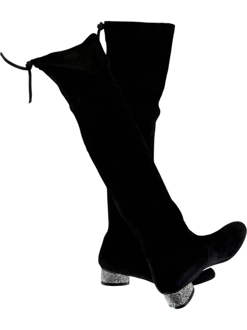 Stuart Weitzman Black Velvet Crystal Heel Over-the-Knee Boots – Size 9