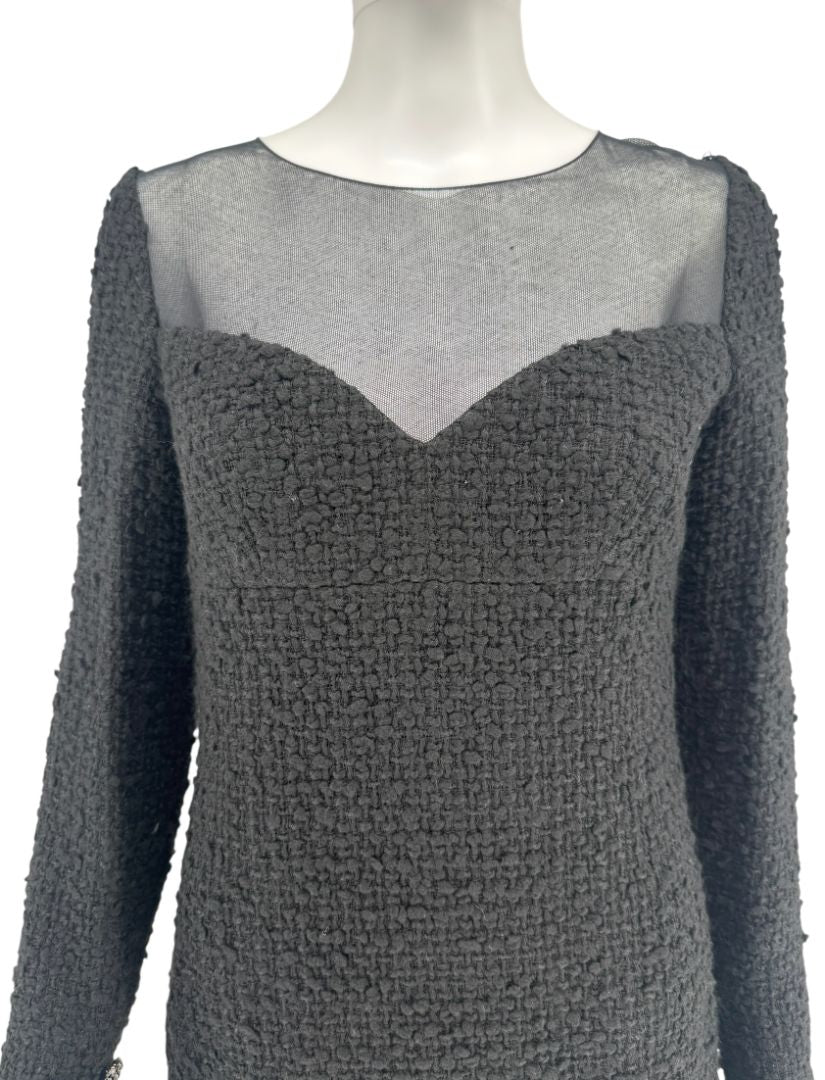 Chanel Runway Fall 2010 Black Wool Tweed Illusion Neckline Dress – Size 38