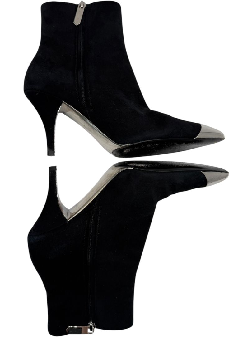 Calvin Klein Black Suede Booties with Silver Toe Cap – Size 39