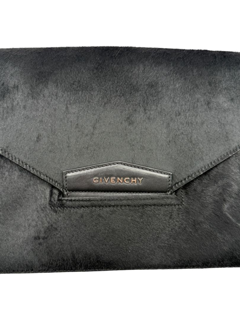 Givenchy Black Pony Hair Accented Antigona Envelope Clutch Bag